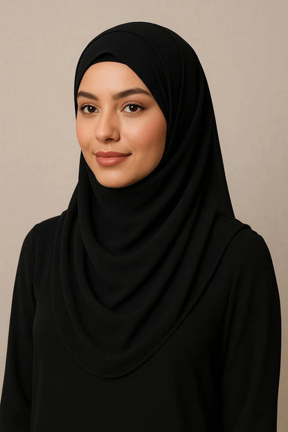 Double Loop Instant Hijab Black Georgette Pinless Scarf
