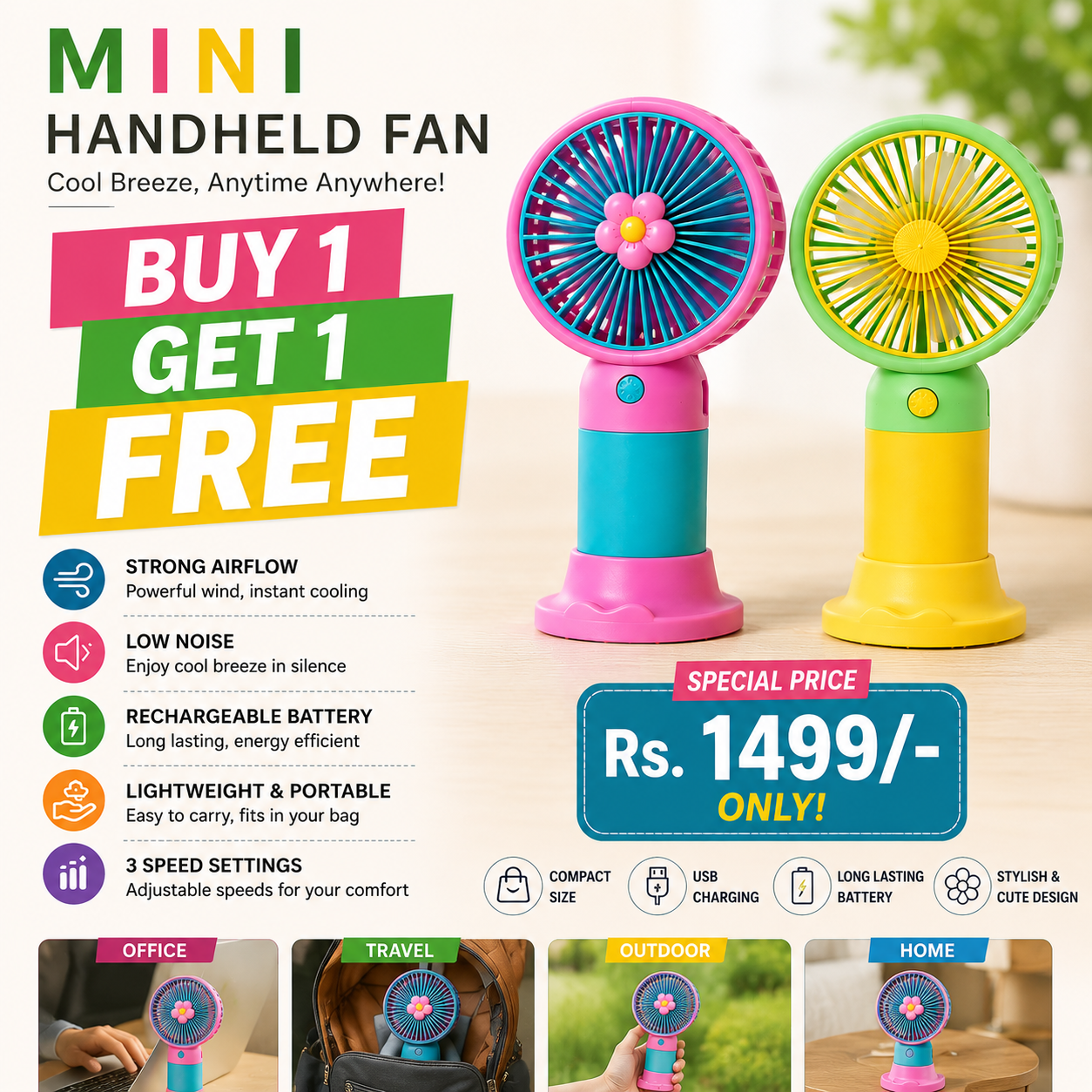 Mini Floral Handheld Fan – Rechargeable Portable Cooling Fan | Buy 1 Get 1 Free
