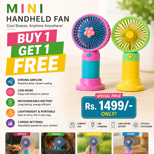 Mini Floral Handheld Fan – Rechargeable Portable Cooling Fan | Buy 1 Get 1 Free